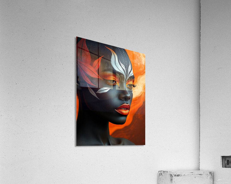 Unframed stylized face portrait wall art on light wall with orange and red feather details