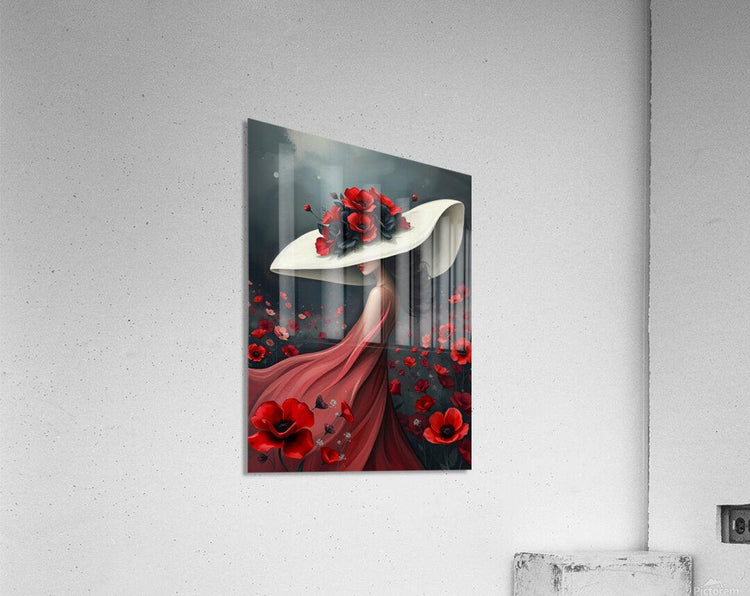 Square wall canvas print of woman in white hat with red poppy flowers and flowing red gown