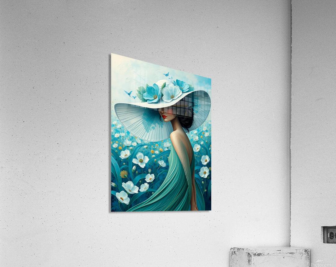 Canvas artwork print of a turquoise-dressed woman with a wide hat and blue-white flowers.