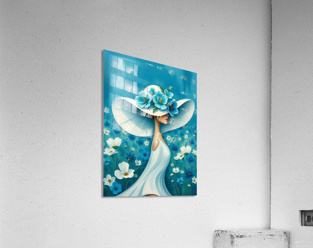 Square framed floral portrait of woman in white dress with blue flower hat