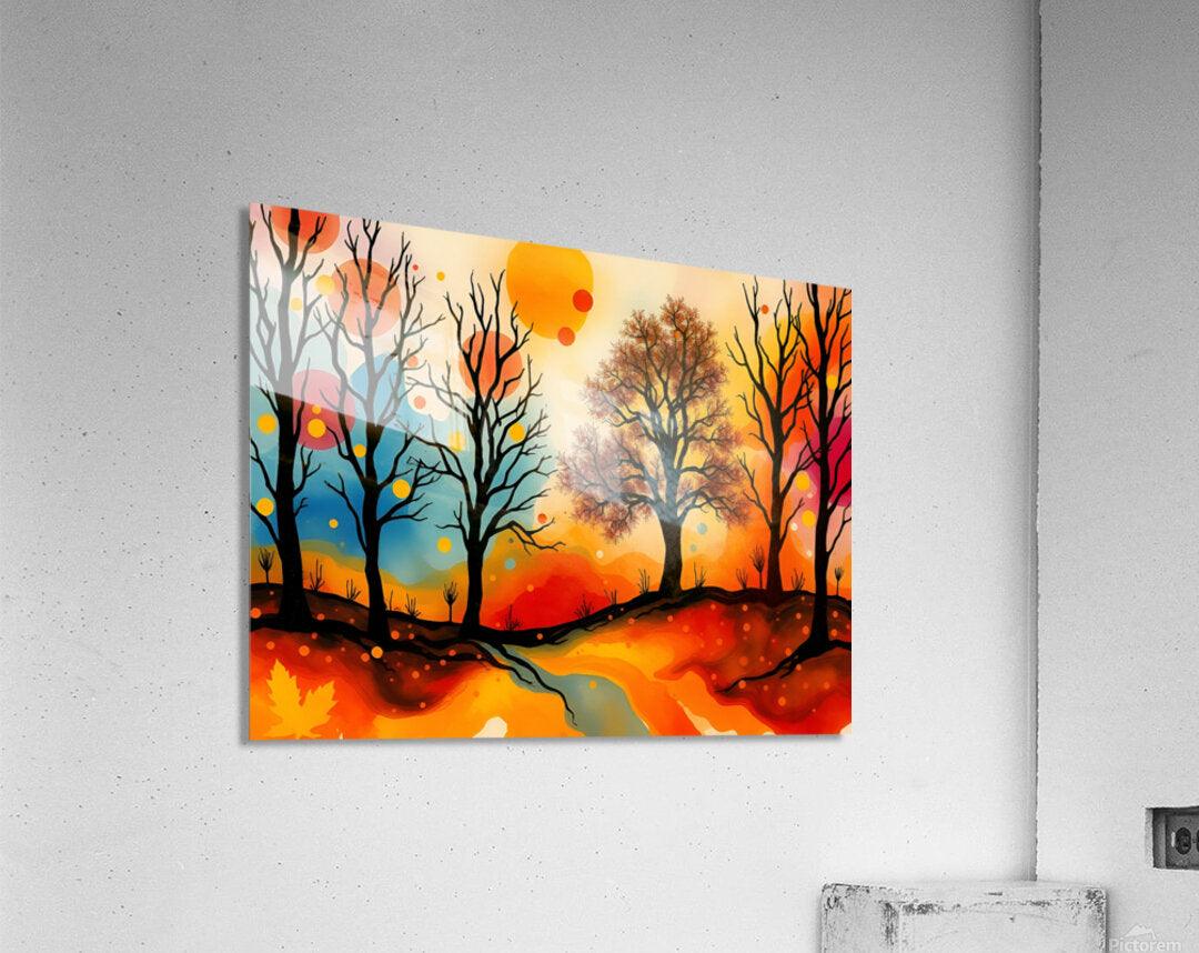 Unframed abstract autumn landscape canvas with dark tree silhouettes and warm sunset gradients