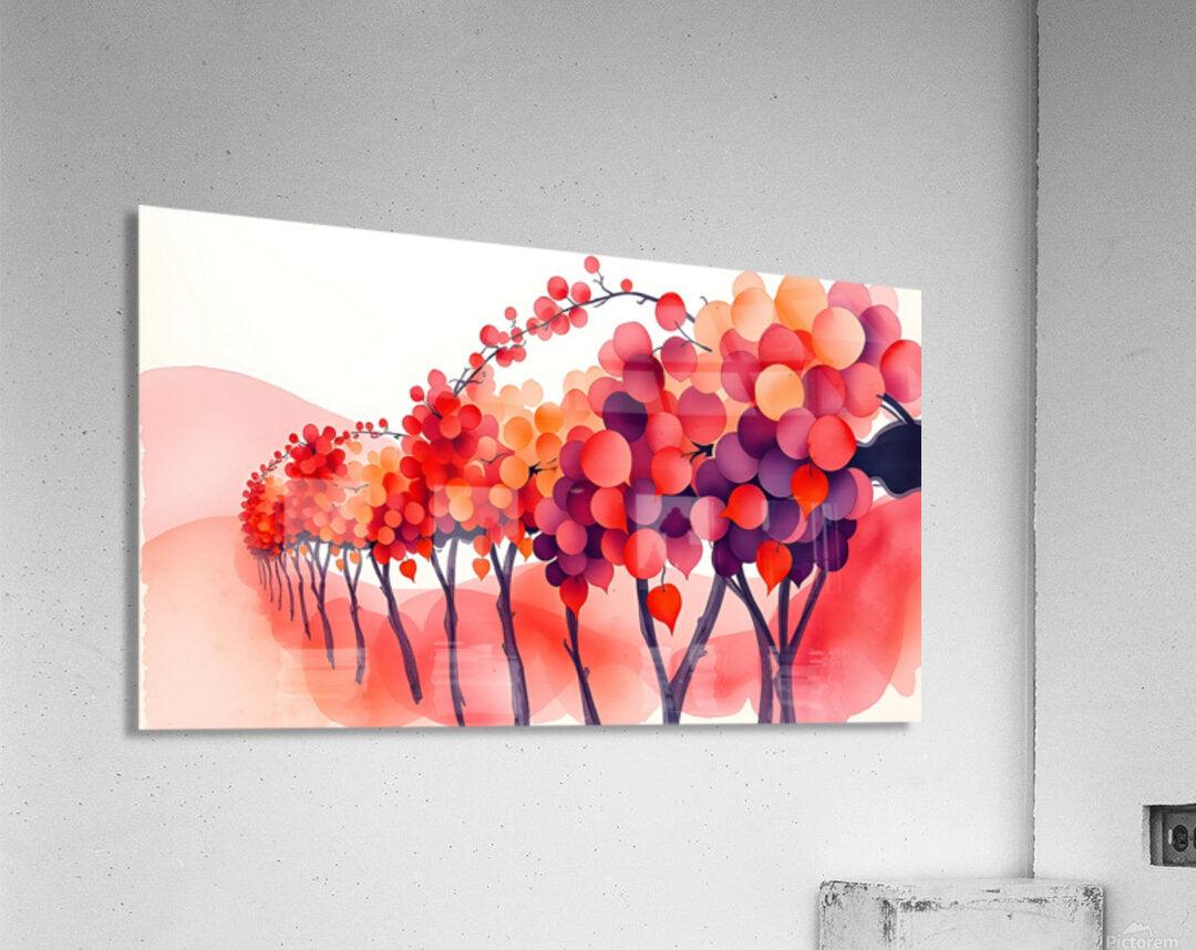 Framed watercolor autumn tree wall art print with clustered red and purple trees