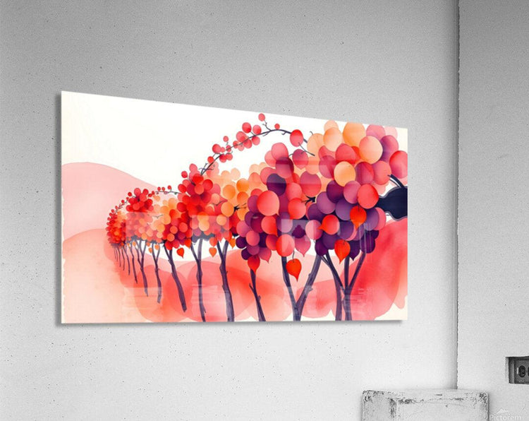 Framed watercolor autumn tree wall art print with clustered red and purple trees