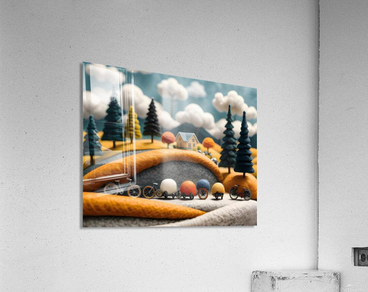 Canvas wall art featuring orange yarn hills, small bikes, trees, and clouds