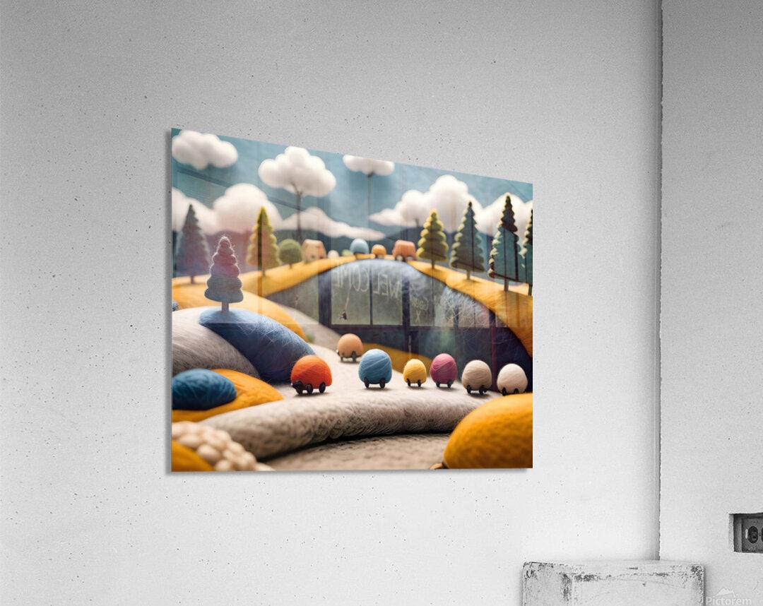 Countryside sheep toy cars print with blue hill, pine trees, and colorful wool cars