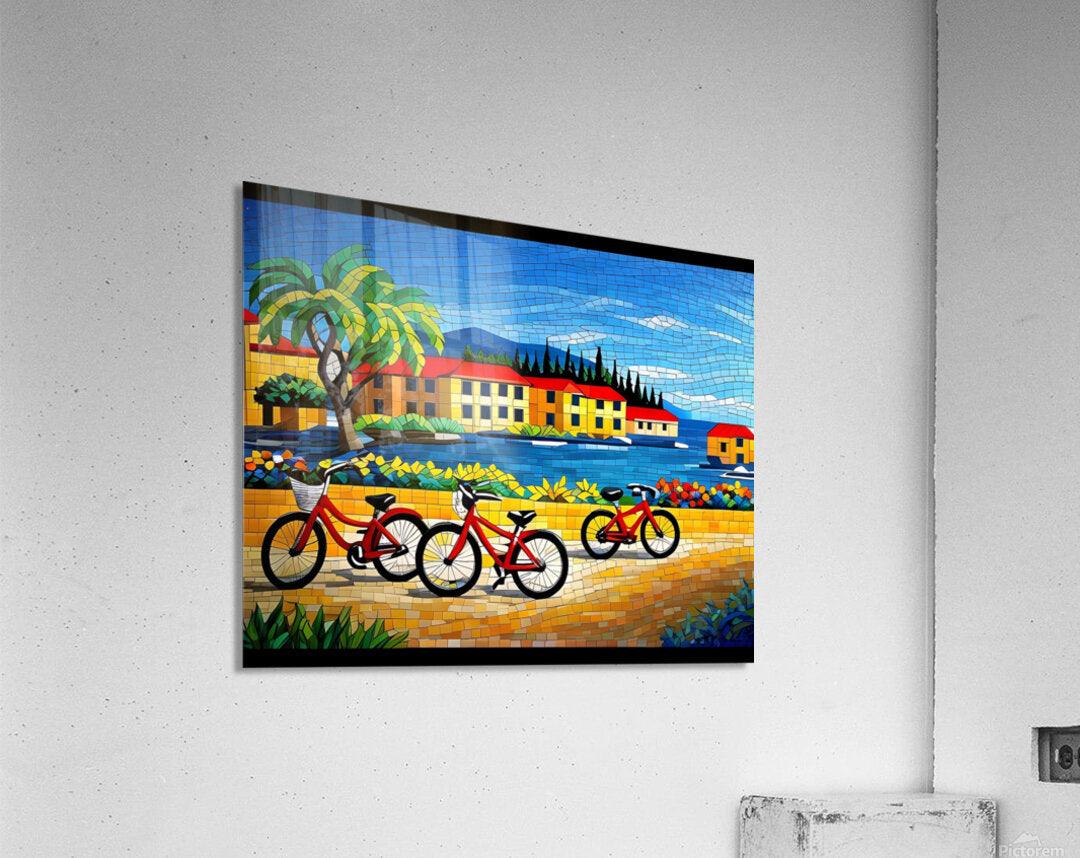 Bicycle mosaic wall art print featuring red bikes, palm tree, and pastel buildings