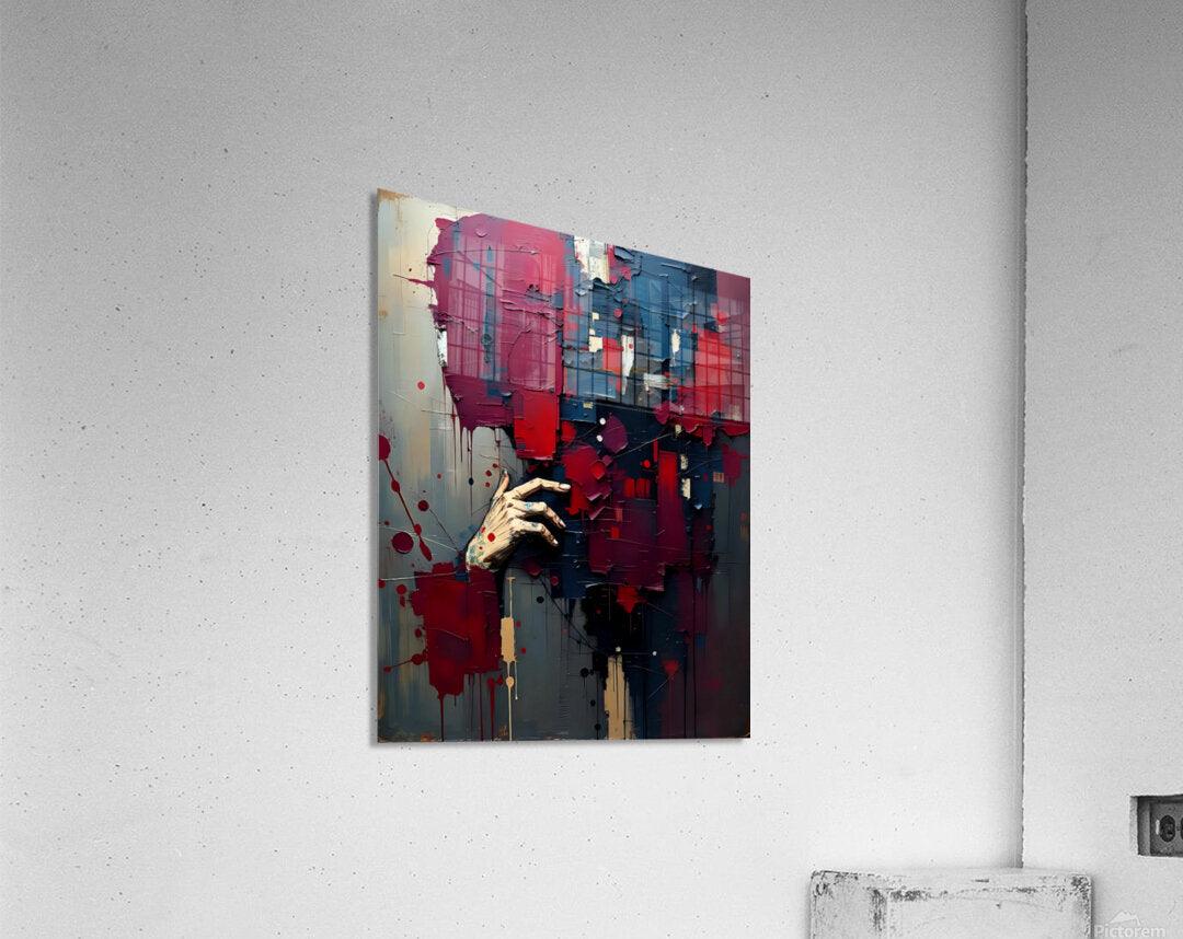 Abstract hand artwork on canvas with red and blue paint blocks and drips