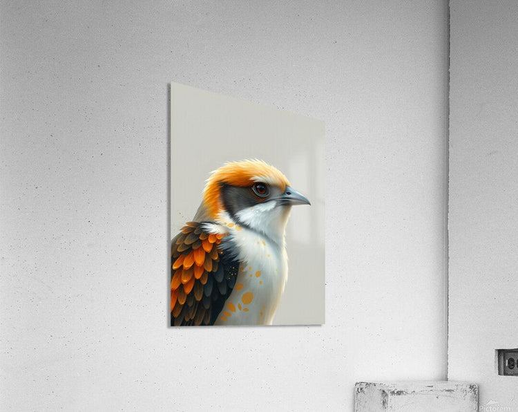 Colorful bird portrait artwork, orange crest and black-and-white feathers on canvas