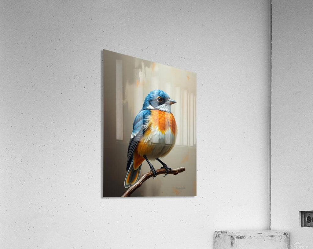 Blue and orange bird portrait wall art on canvas, perched on a branch