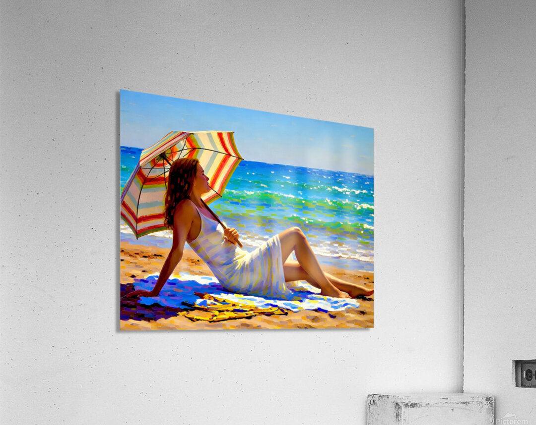Artwork print of a reclining woman under a striped umbrella on a beach