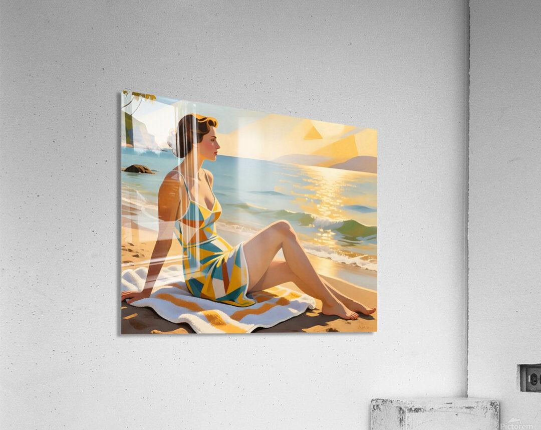 Seated woman in colorful geometric one-piece swimsuit on a beach blanket, profile view