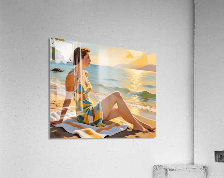 Seated woman in colorful geometric one-piece swimsuit on a beach blanket, profile view