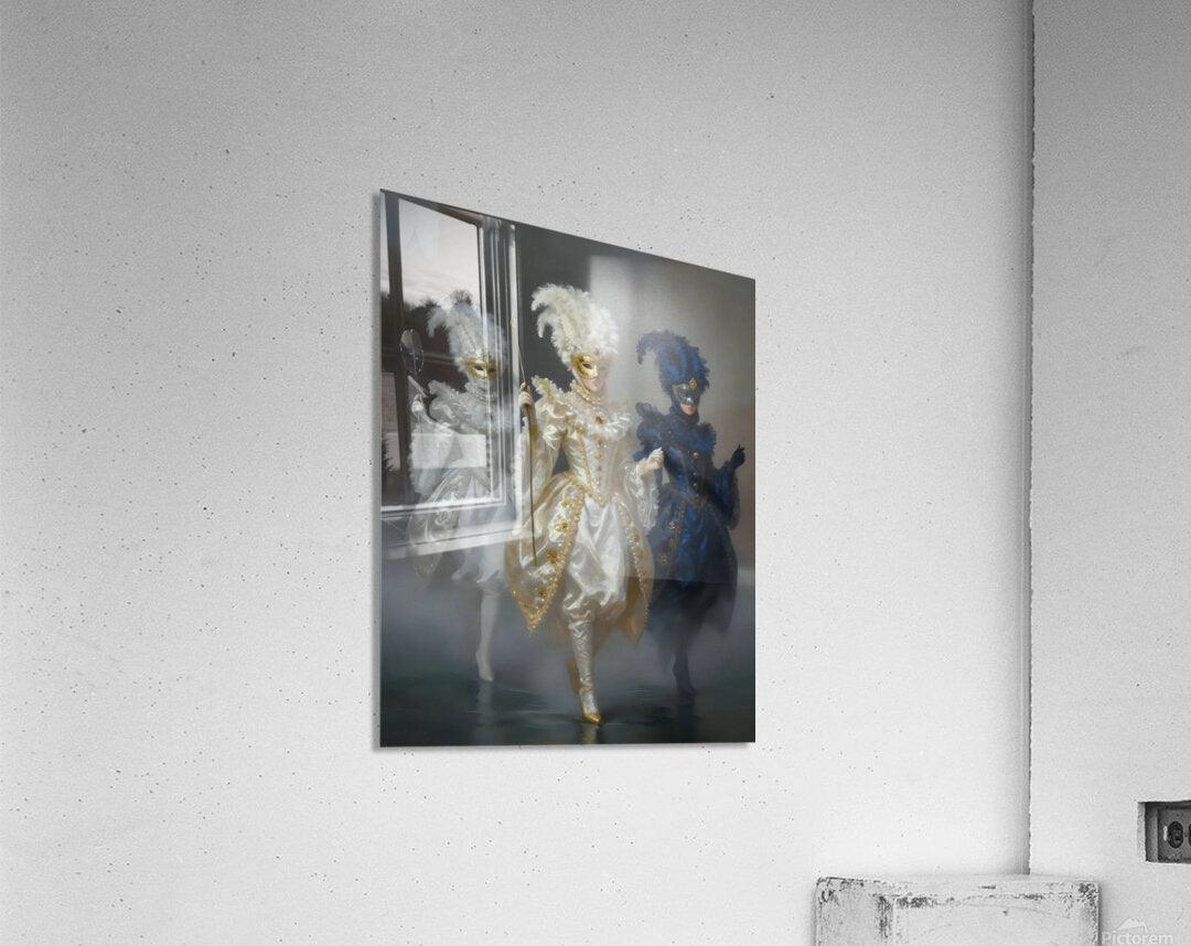 Wall-hung square print showing a masquerade trio of masked dancers in white, gold, and blue