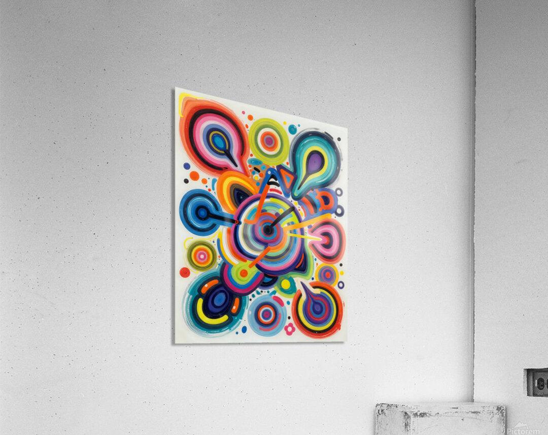 Framed abstract wall art with multicolor circular swirl patterns on light wall