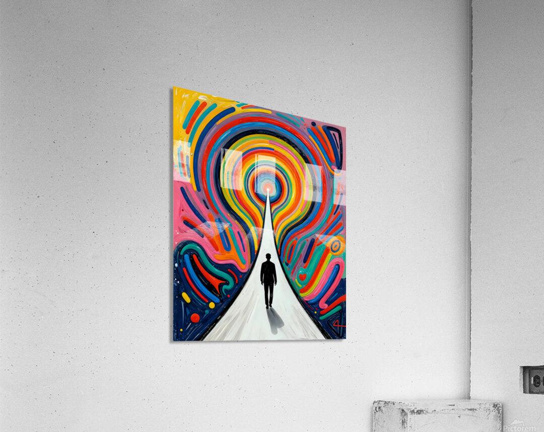 Small rainbow vortex artwork on a wall, showing a concentric swirl tunnel and lone figure