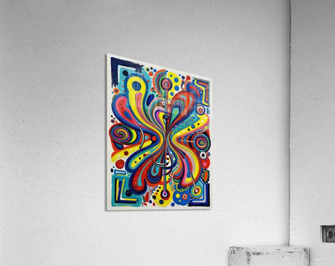 Framed colorful abstract art print with swirling lines and dotted circular shapes radiating