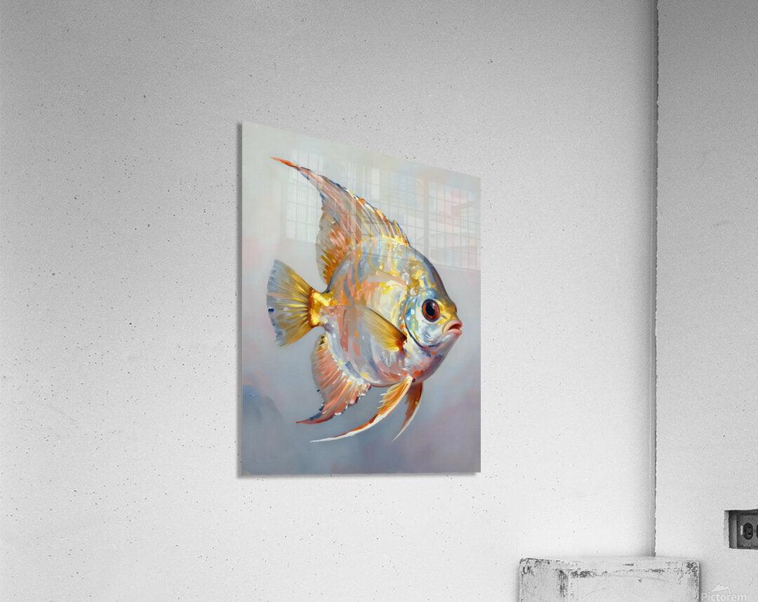Tropical fish metal print featuring a colorful pufferfish with open fins, close view.