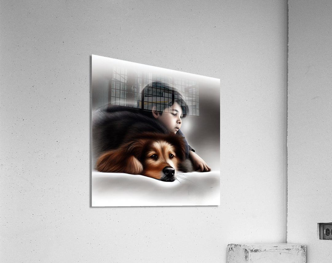 Stretched canvas print of a child nuzzling a brown-and-black dog, gray tones