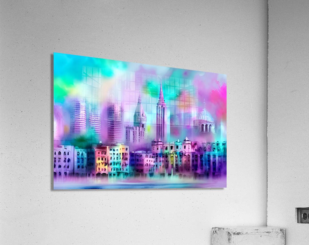 Unframed pastel city skyline artwork on a light wall with colorful towers