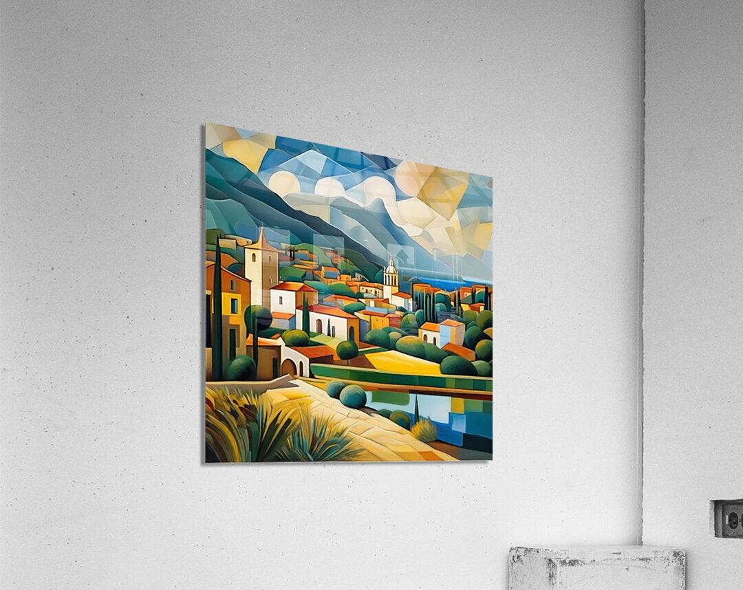 Geometric cubist Mediterranean landscape print on canvas panel with town, hills, and lake