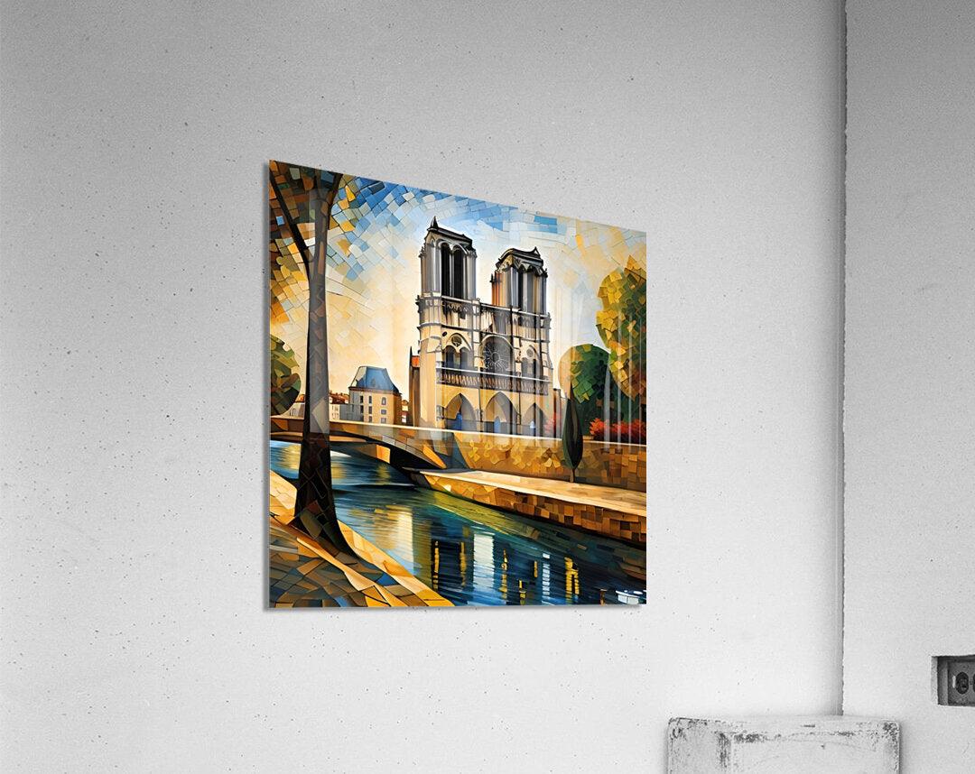 Gothic cathedral mosaic canvas print on white wall, showing river and towers