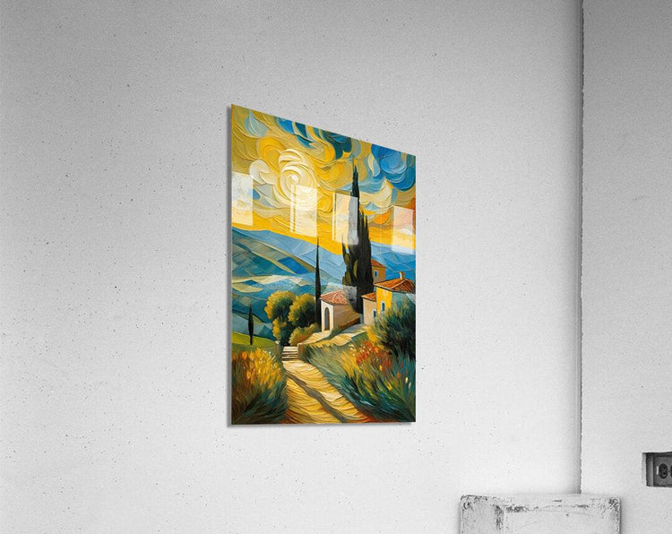 Small landscape wall art with winding path, cypress spire, houses, and blue-yellow sky