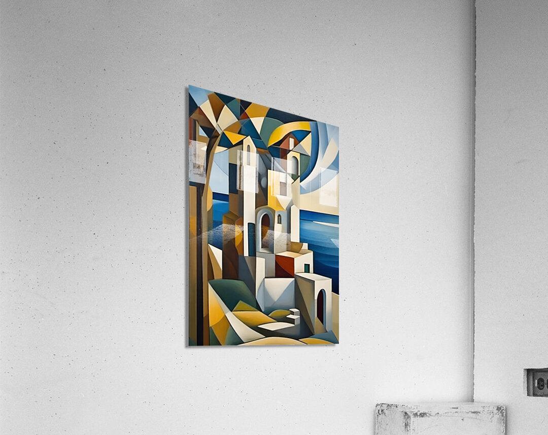 Cubist architectural wall art print with white buildings, arches, and blue horizon