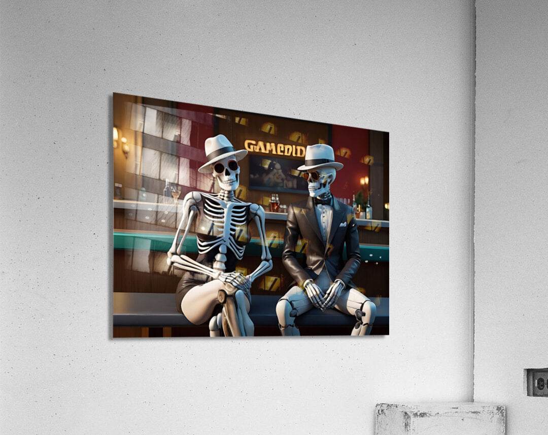 Skeleton duo wall art with white border: two seated skull figures wearing blue hats and suits.