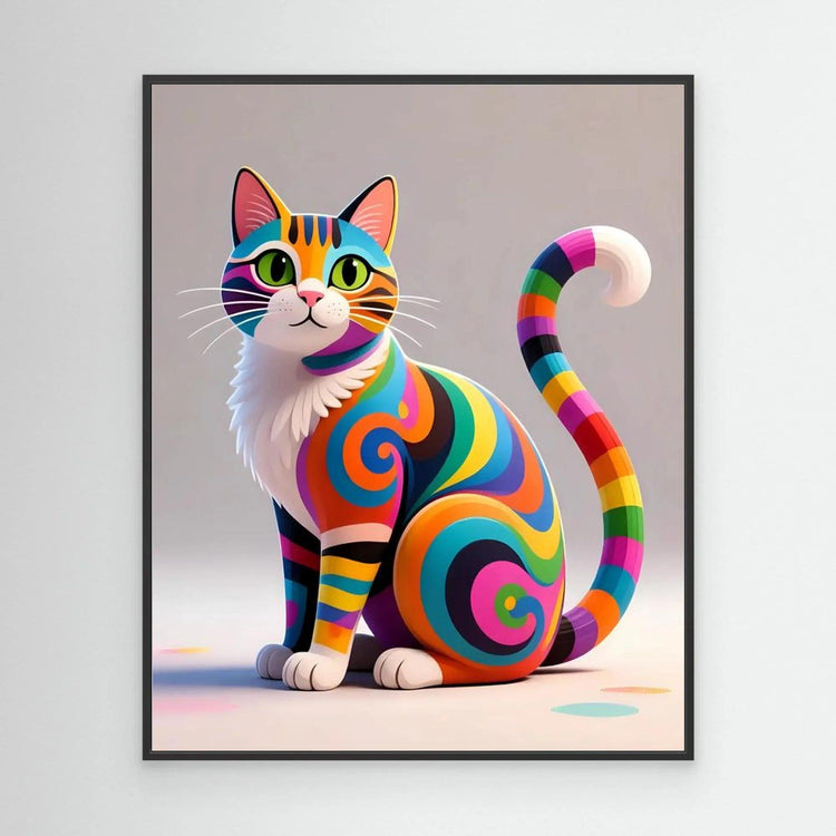 Colorful cat wall art in black frame, curled rainbow-swirl cat illustration