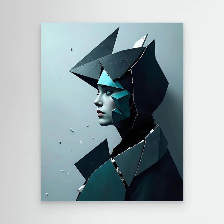 Surreal portrait artwork with faceted geometric woman, no visible frame