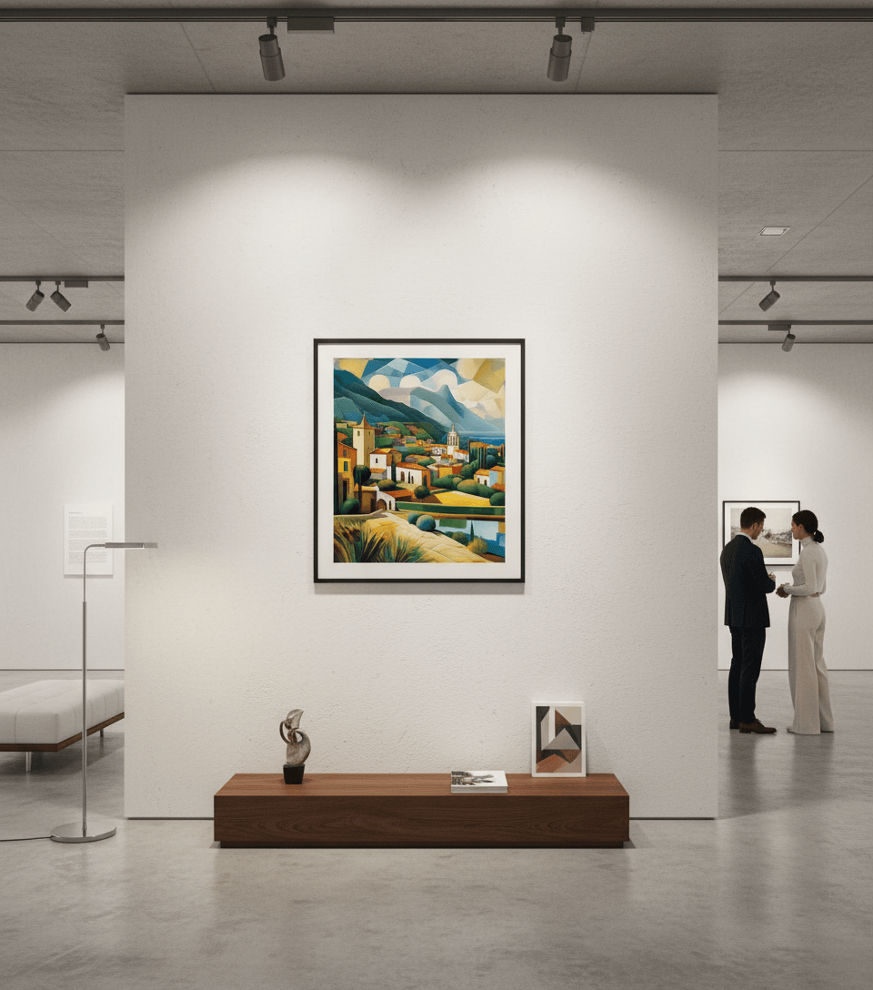 Framed geometric cubist Mediterranean landscape wall art print with town, hills, and water