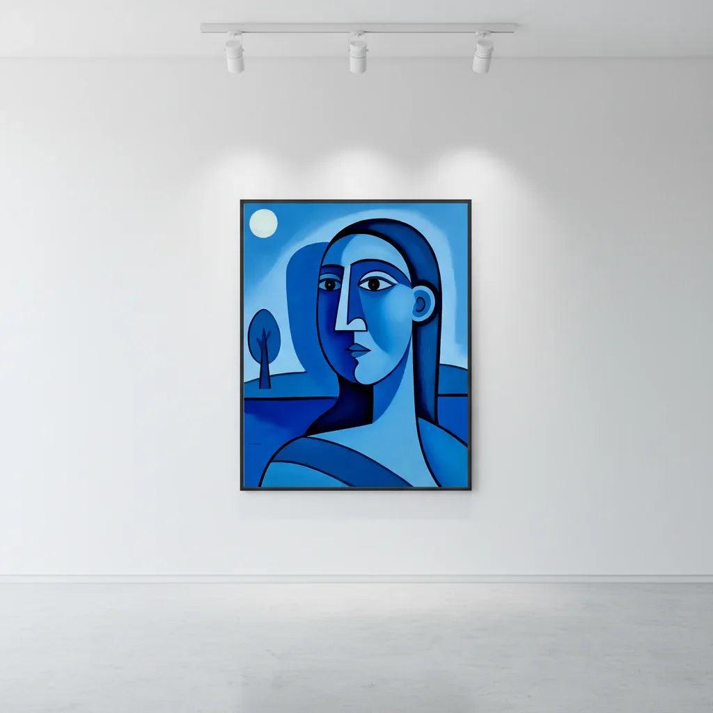 Blue abstract portrait wall art with dark frame; close view of a stylized woman.