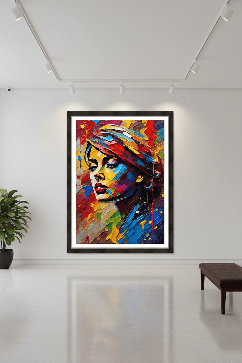 Framed abstract portrait print of a woman with bold blue, red, and yellow face paint strokes