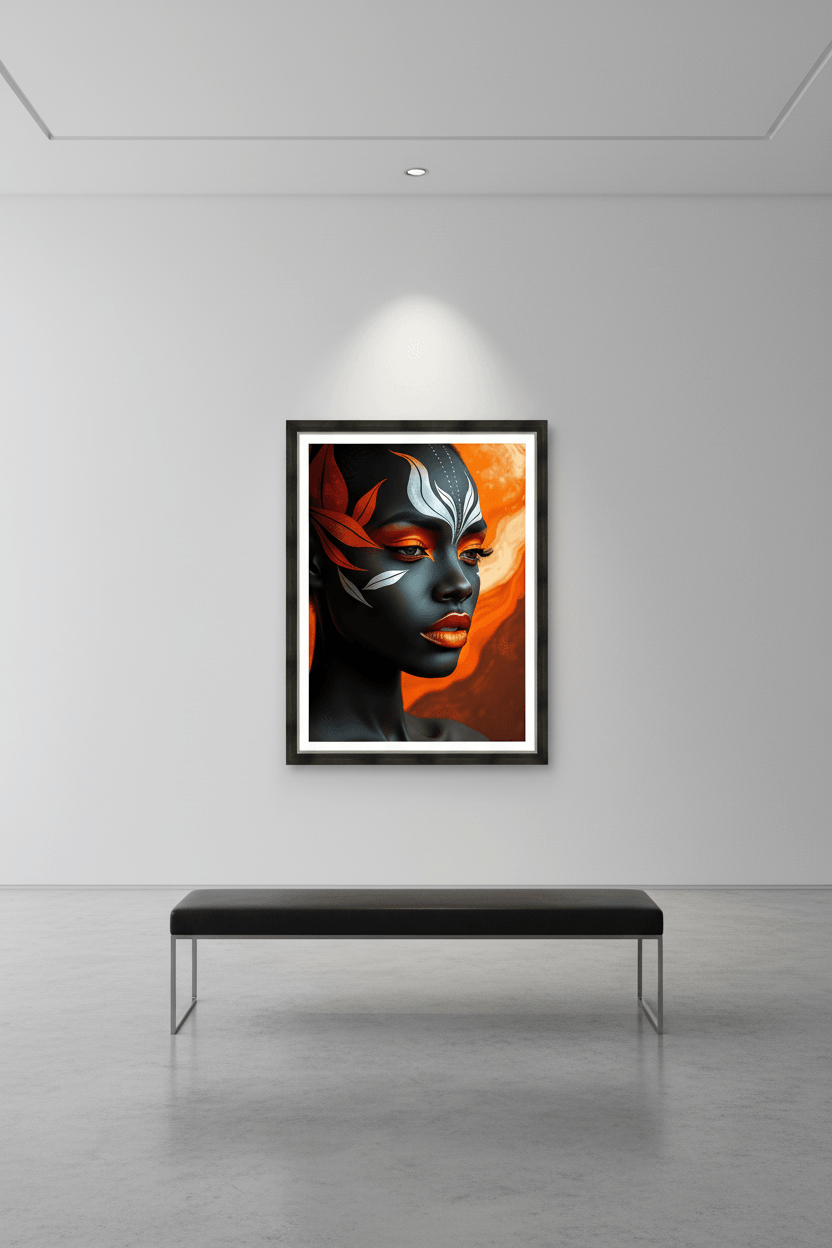Small framed portrait artwork of stylized dark face with teal markings and red-orange accents