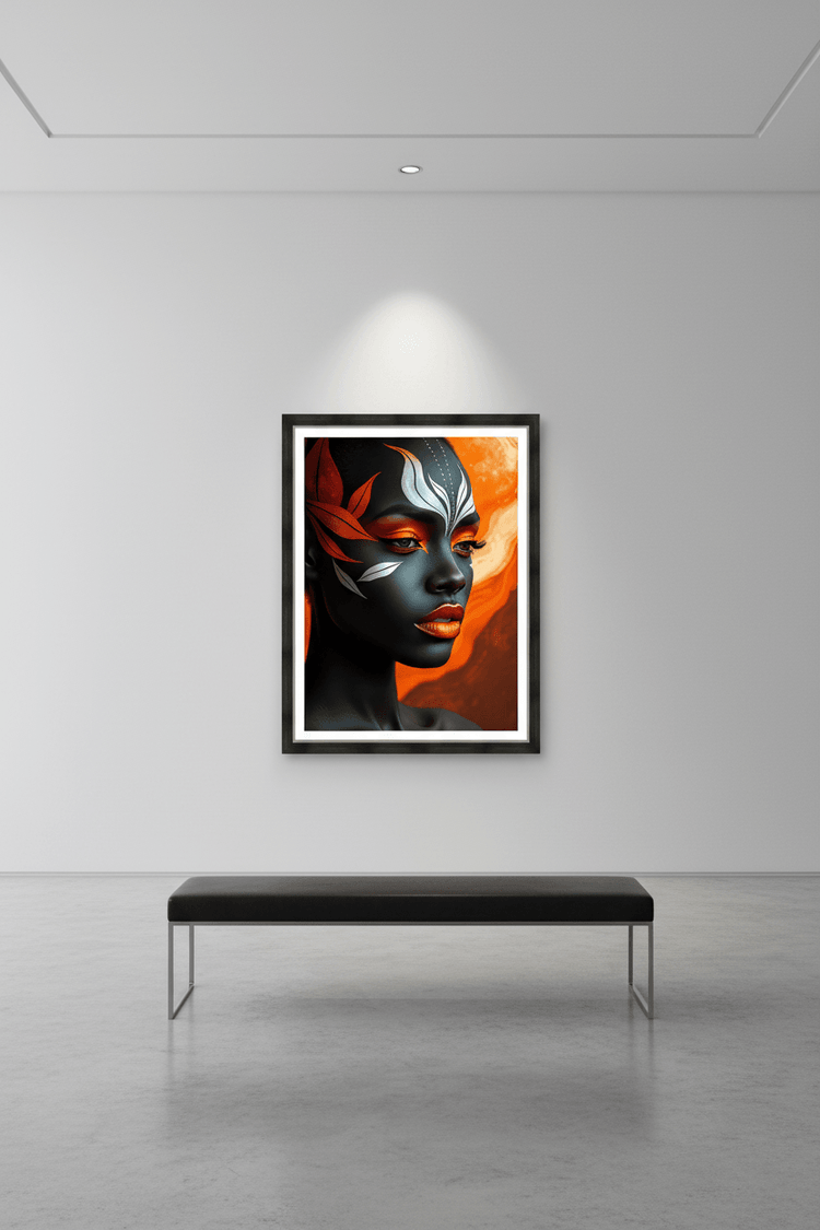 Small framed portrait artwork of stylized dark face with teal markings and red-orange accents