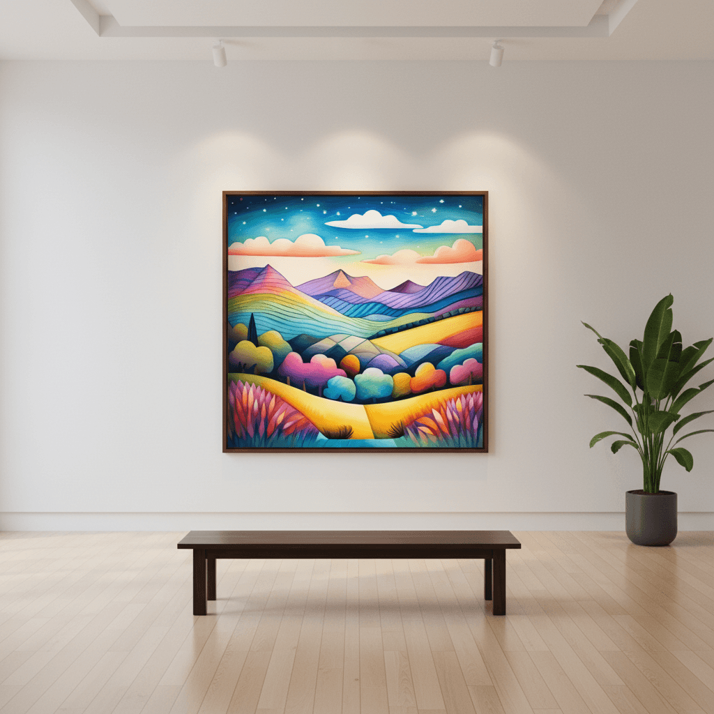 Framed psychedelic rainbow landscape wall art with rainbow mountains and rolling clouds