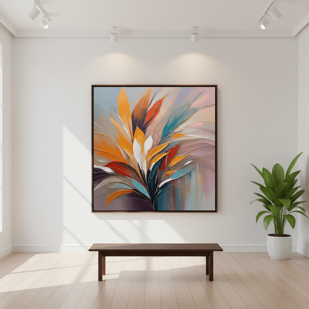 Framed abstract botanical wall art with orange, teal, and purple leaf-like strokes