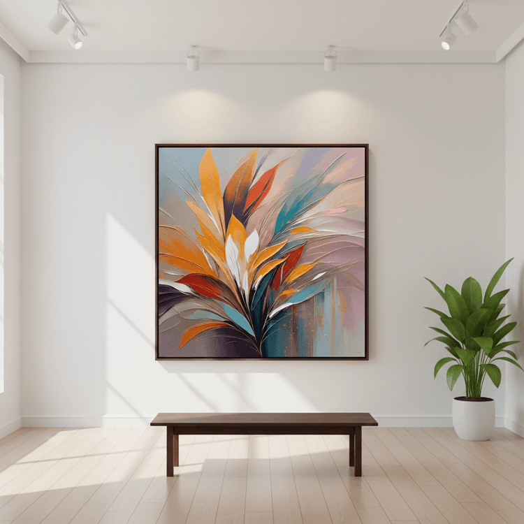 Framed abstract botanical wall art with orange, teal, and purple leaf-like strokes