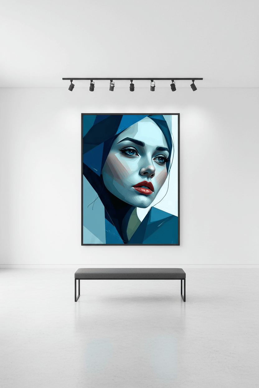 Full-height geometric blue woman portrait wall art with dark frame
