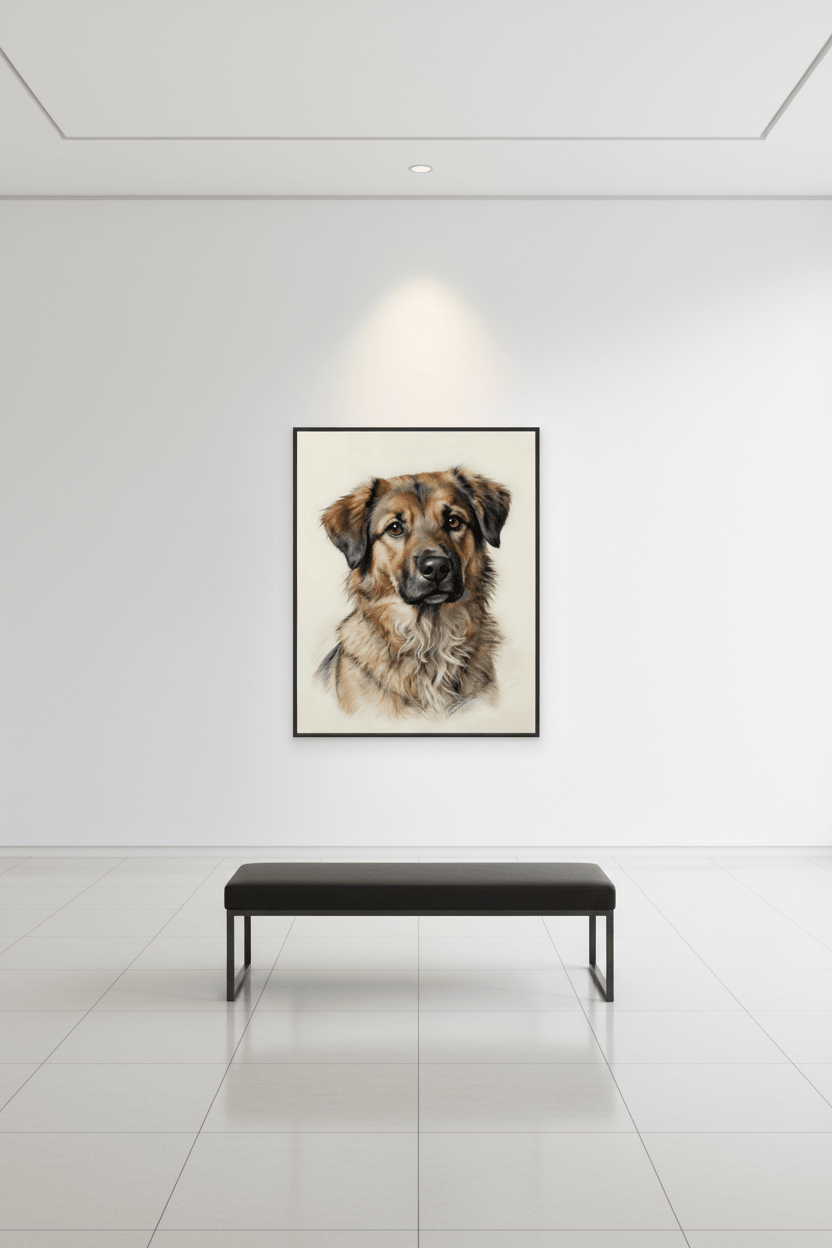 Small framed dog portrait print featuring fluffy tan-and-gray dog face, black frame.