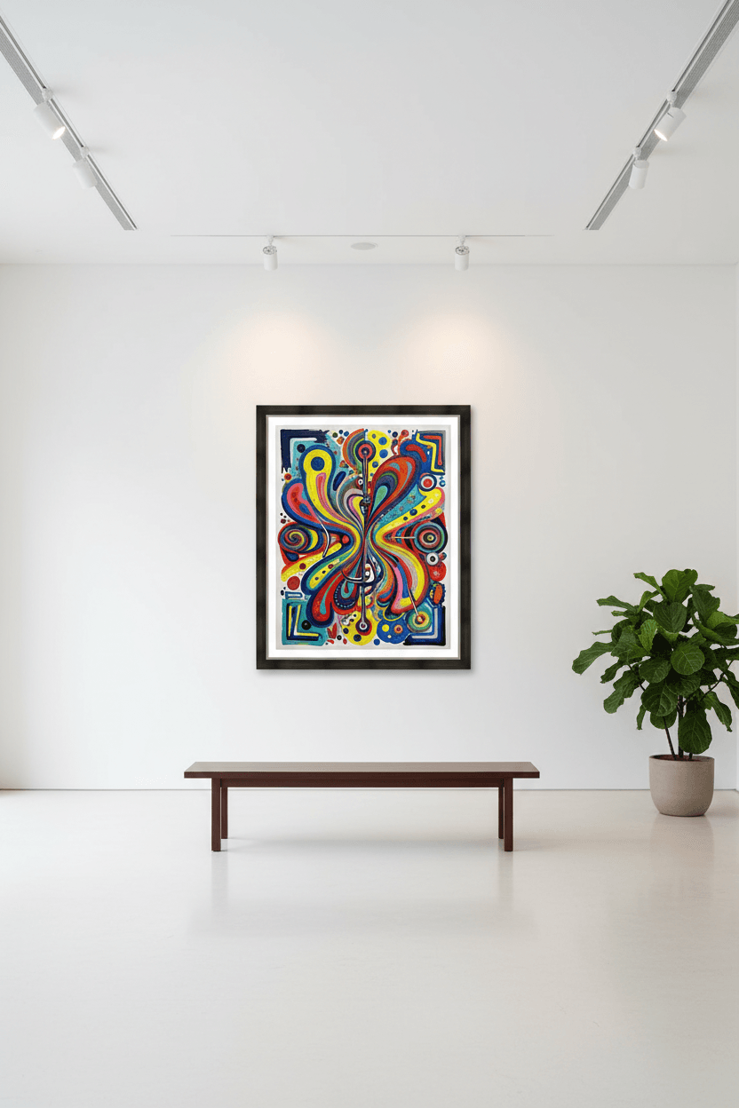 Colorful abstract art framed print with swirling lines and circular details radiating from center