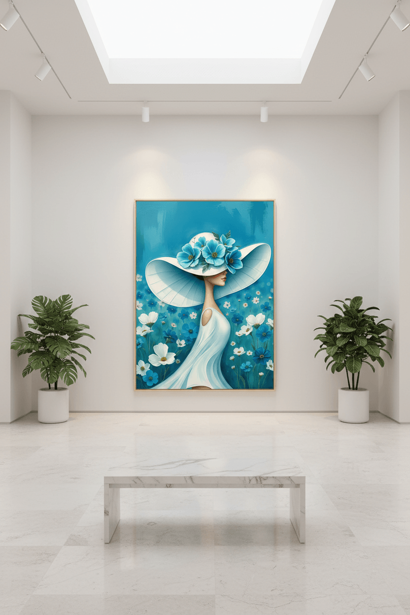 Framed floral portrait wall art of woman in white dress with blue flower hat