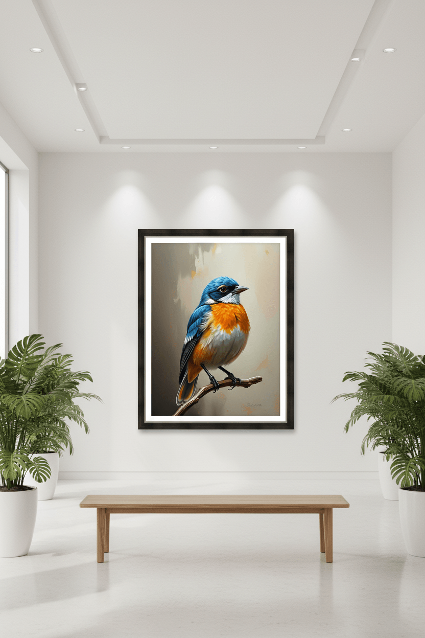 Framed blue and orange bird portrait wall art, perched on a branch