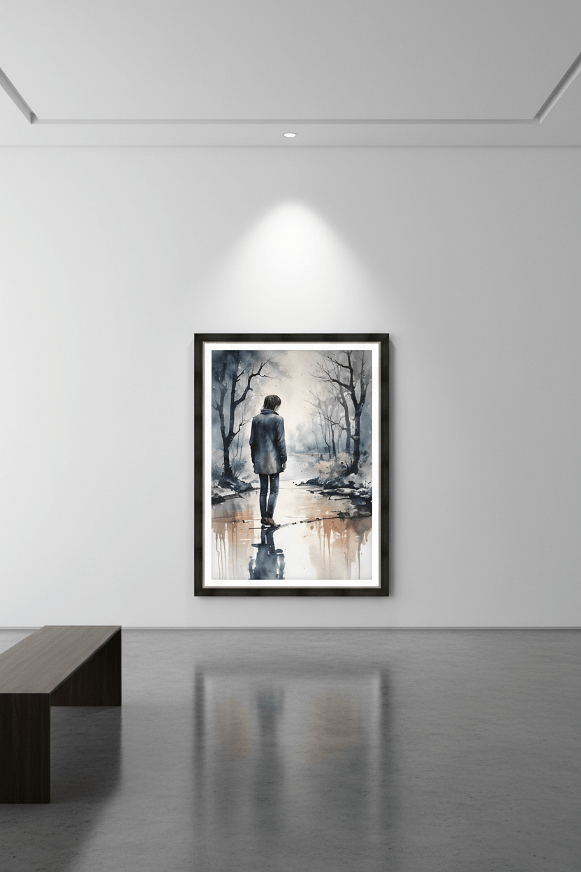 Framed watercolor art print with lone figure walking in a misty winter forest scene