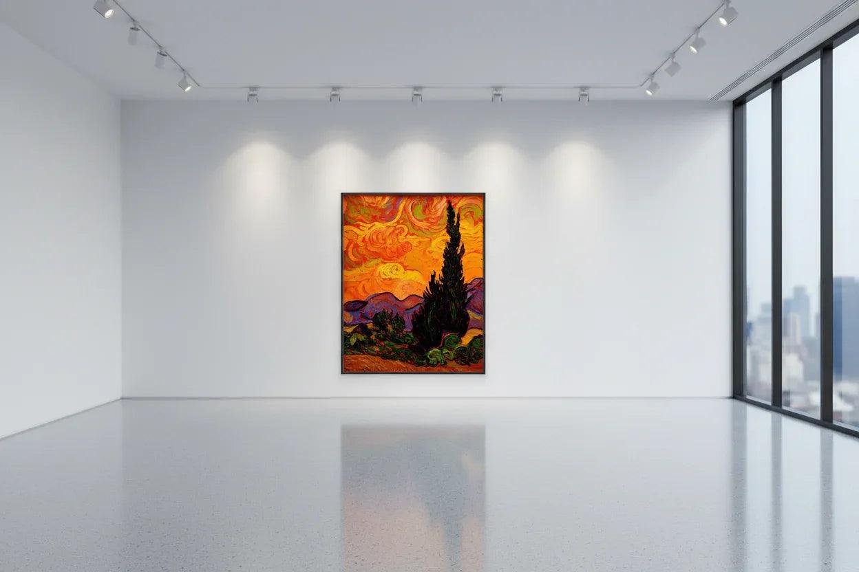 Framed landscape painting featuring a tall pine tree silhouette on an orange sky