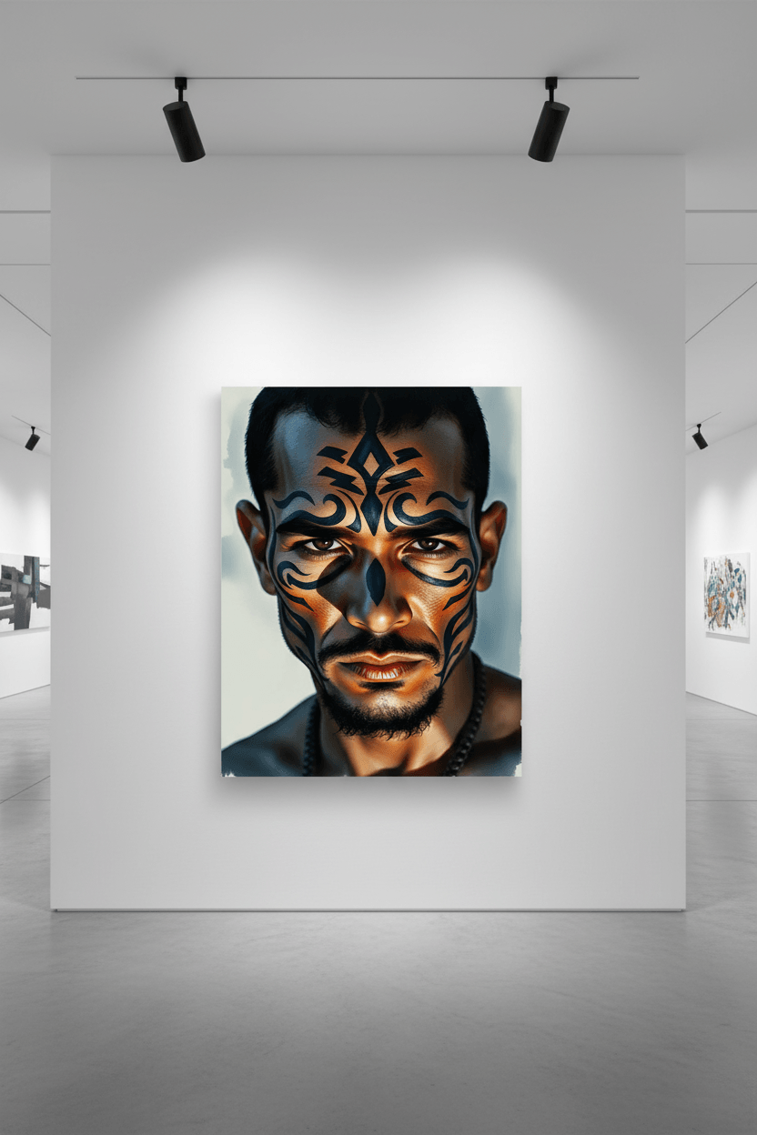 Tribal face portrait artwork of a man with blue and orange stylized face markings.