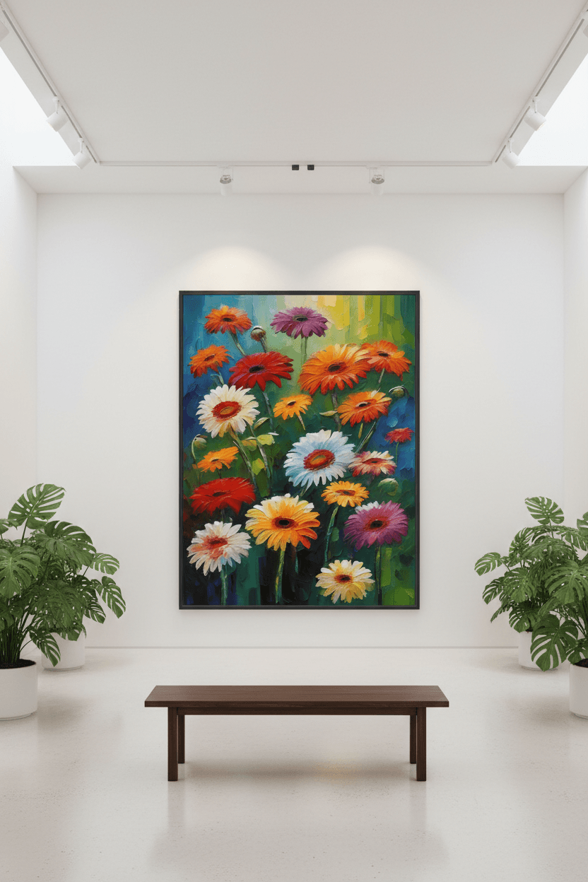 Framed textured gerbera floral art with bright multicolor daisies and green stems