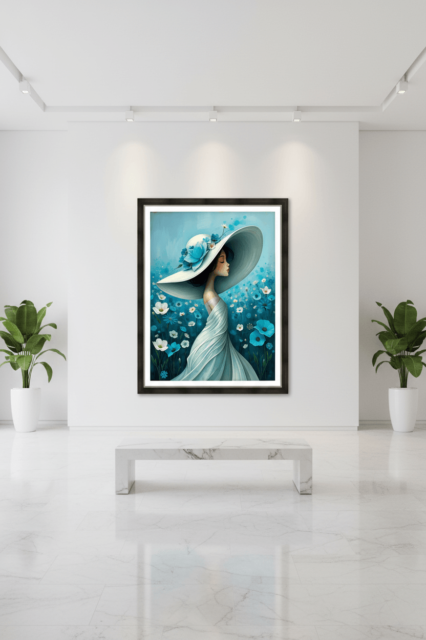 Framed floral portrait print showing a woman in a blue dress and wide hat over a flower field