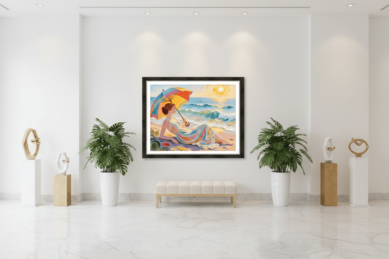 Framed beachwoman art print centered on a wall, featuring a seated woman holding an umbrella.