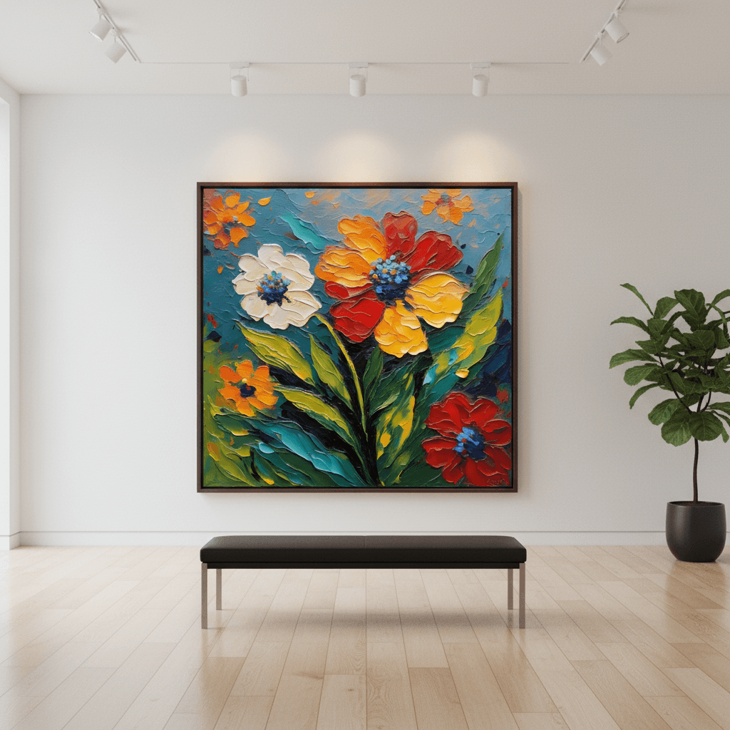 Framed impasto floral canvas with orange, red, yellow and white flowers and swirling blue-green leaves